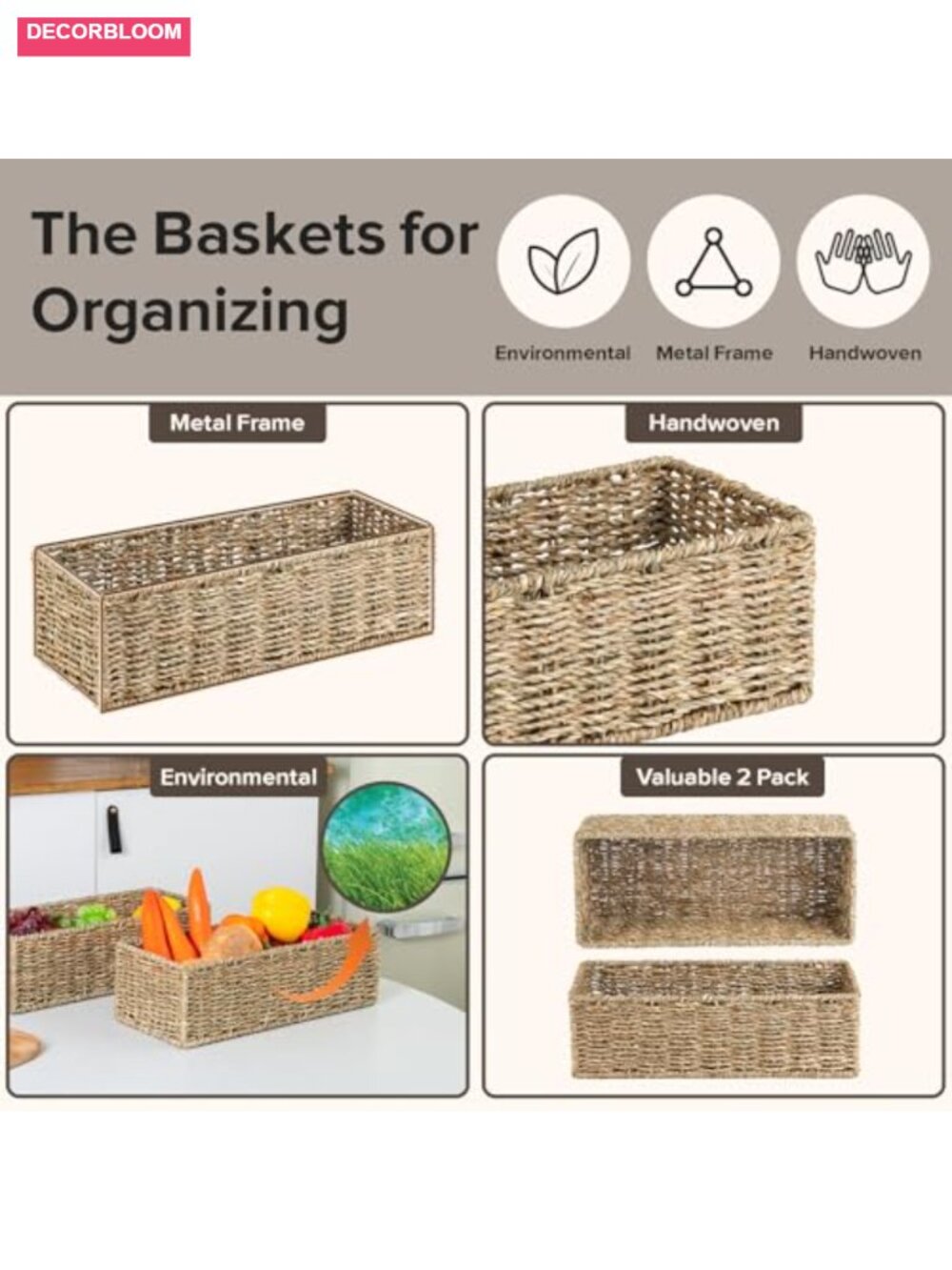 Small Wicker Baskets 2 Pack, Hand Woven Seagrass Toilet Basket Tank Topper - Picture 5 of 6